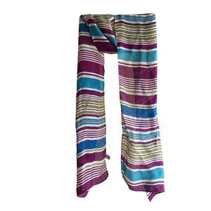 Striped Oblong Scarf In Purple Green Blue & White 11x59 Inches Long Lightweight